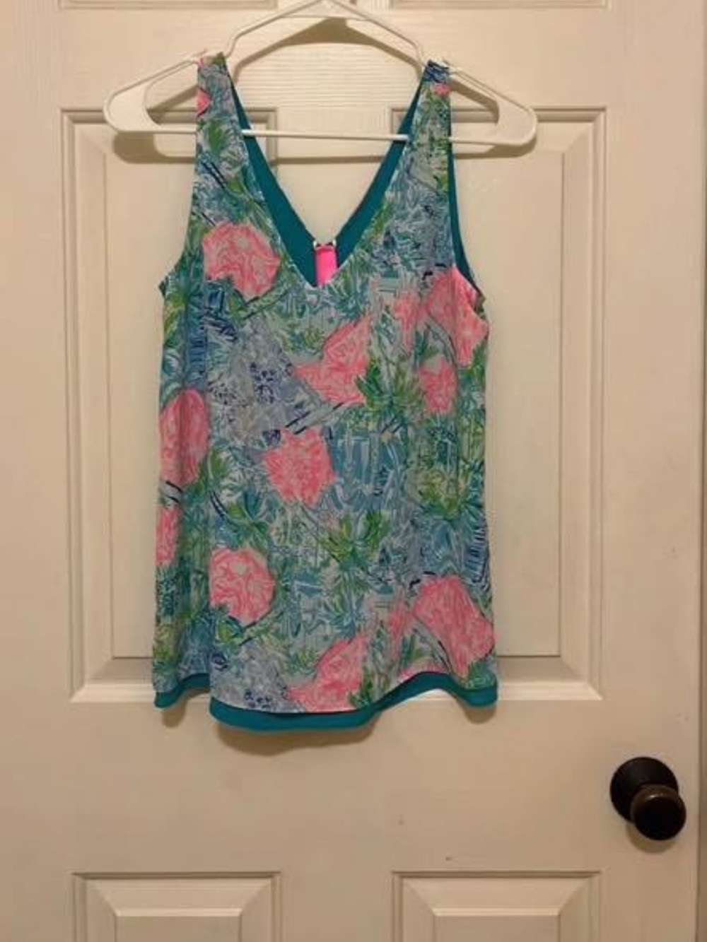 Lilly Pulitzer Aqua Floral V-Neck Tank with Pink Blooms